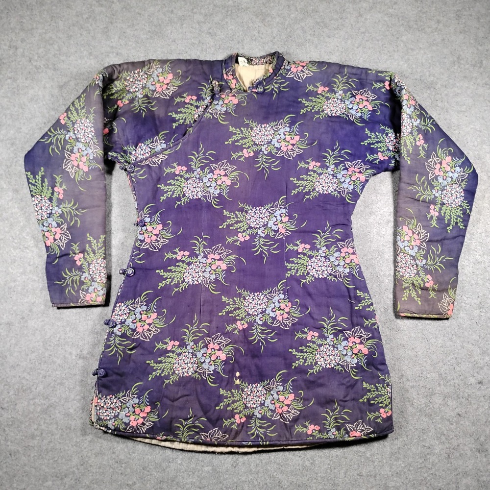 Vintage Chinese Cheongsam Padded Tunic Quilted Jacket Floral Frog Closure S